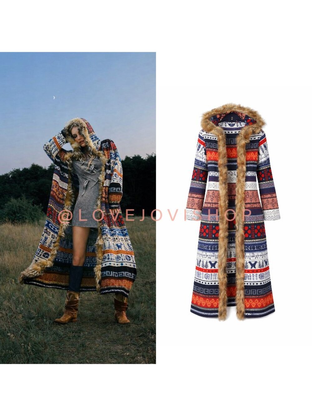 Bohemian | Tribal Print Hooded Jersey Knit Duster | Faux Fur Trim | Scandi Girl
